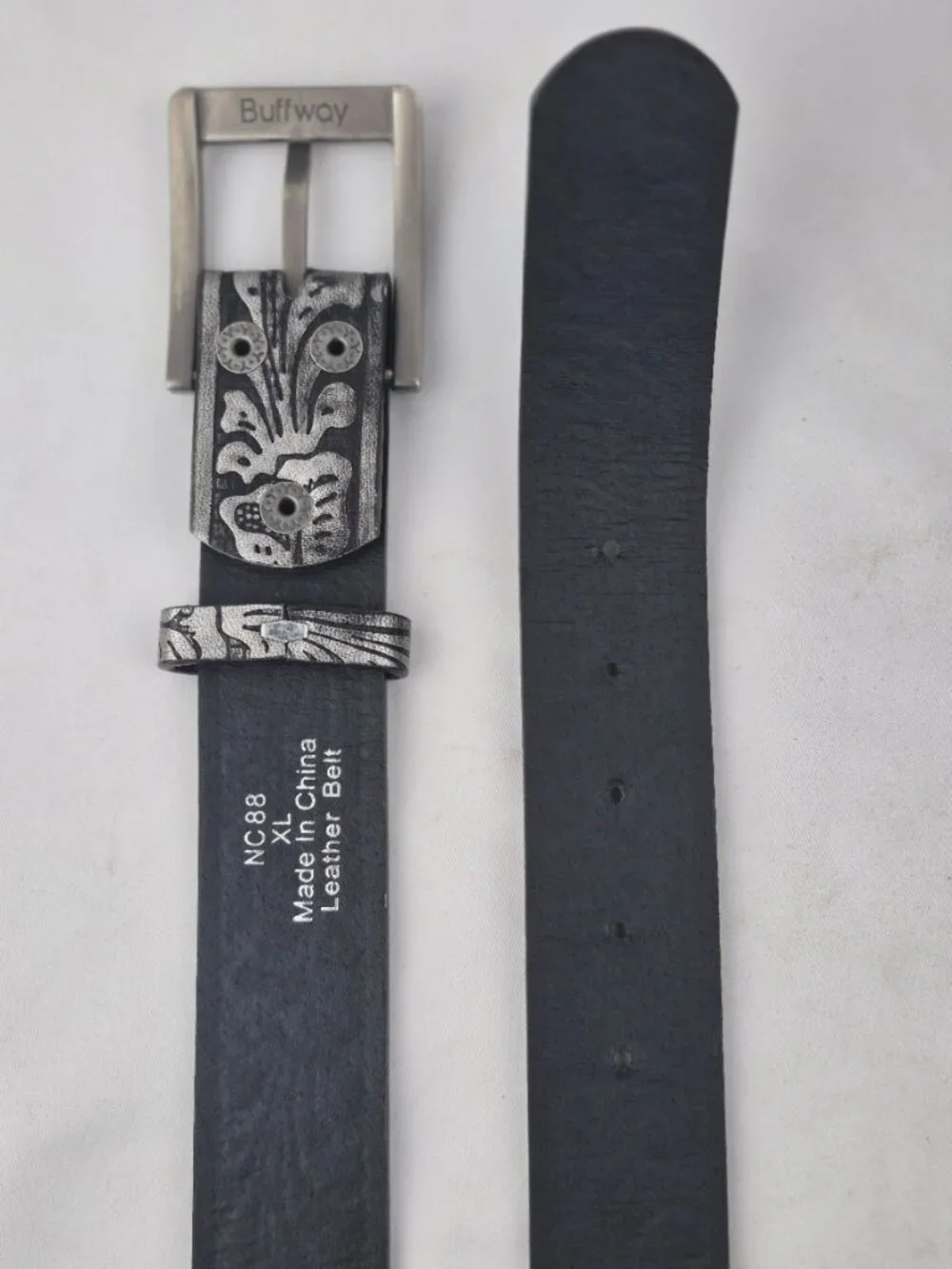 Silver-Tone Floral Embossed Black Leather Belt Western Cowboy Size XL